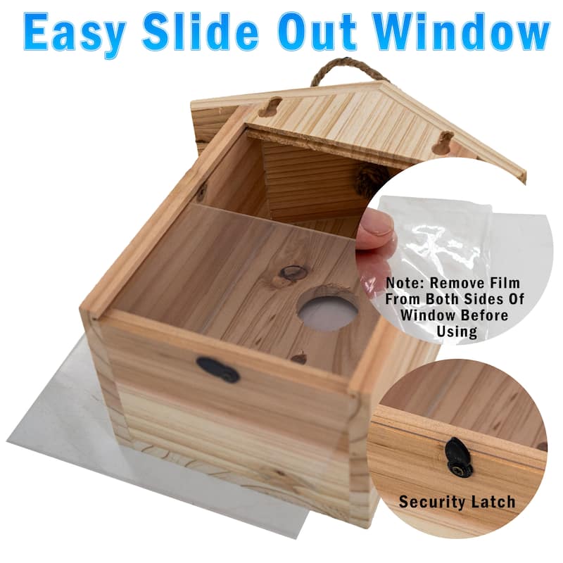 See Through Wooden Window Bird house w/ Large Suction Cups, Hanging Lanyard Rope Birdhouse - regular