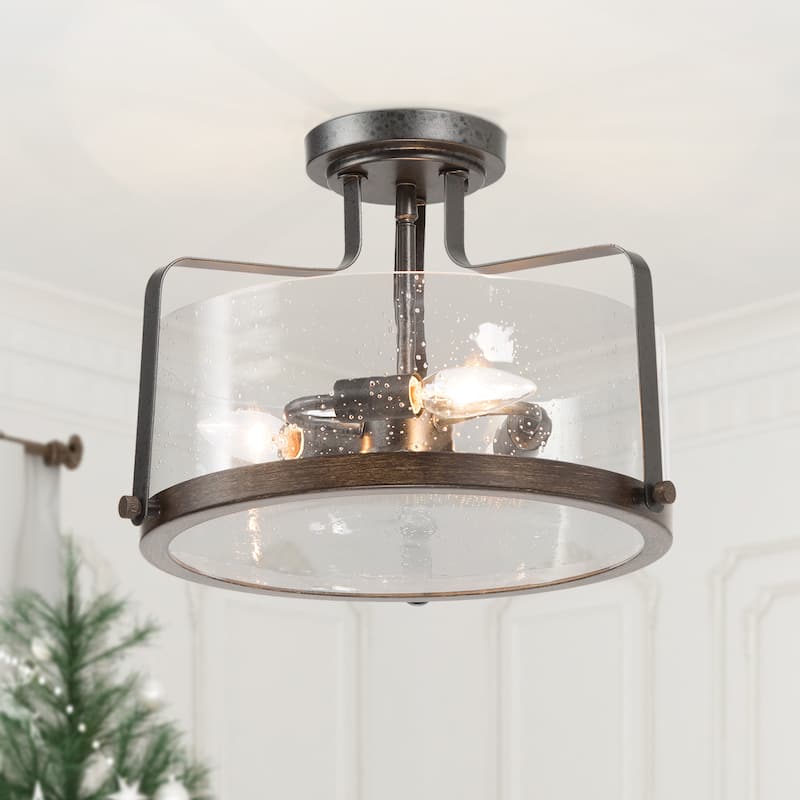 Modern 3-Light Wood Metal Semi Flush Mount Farmhouse Glass Drum Ceiling Lights - D14" * H10.5" - Brown