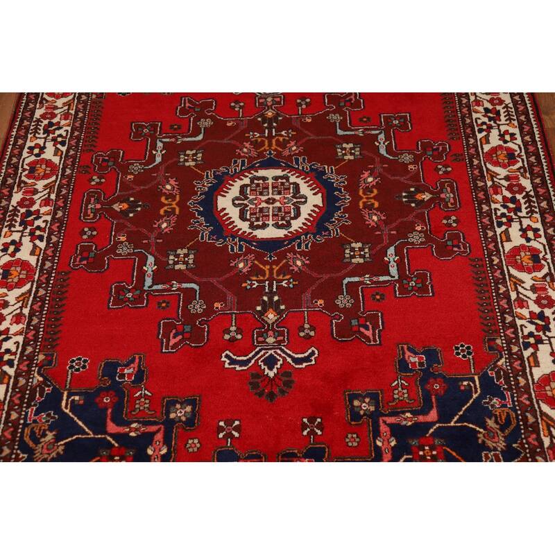 Red Geometric Hamedan Persian Rug Handmade Wool Carpet - 4'8"x 6'4"
