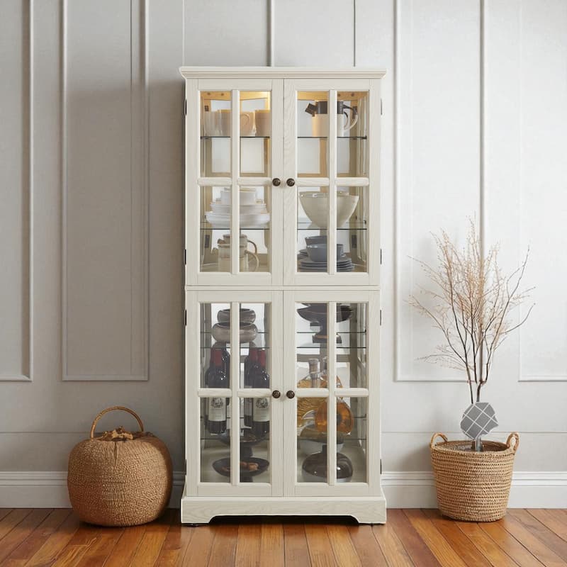 68.7" Antique Curio Display Cabinet with 4 Glass Doors, Adjustable Shelves & Built-in Light for Collectibles and Wine Storage - White