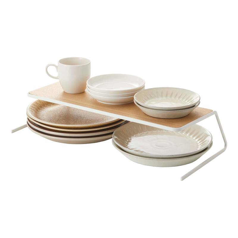 Yamazaki Home Dish Riser - 2 Sizes, Steel and Wood, Small, Holds 3.3 lbs - White