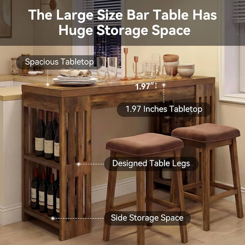 63 Inch Rectangle Bar Table, Farmhouse Pub Bistro Table Home Bar Unit with Storage Shelves - 62.99" L x 19.68" W x 37.4" H