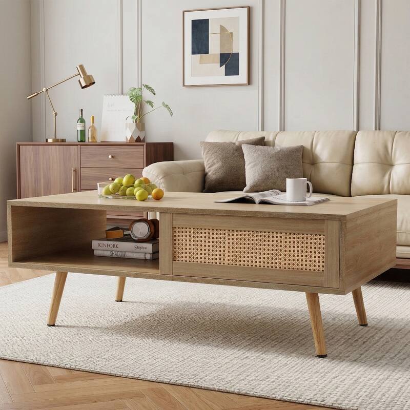 Anmytek Rattan Coffee Table with Storage Modern Walnut Living Room Centerpiece Organizer - Natural