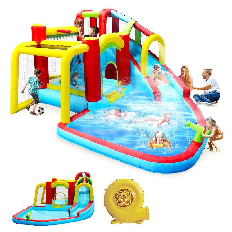 7 in1 Inflatable slide water park bouncing house outdoor Soccer garden bouncer with Splash pool & Water gun & Climbing wall