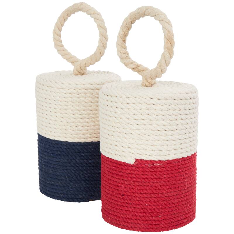 Cream Cotton Fabric Coiled Colorblock Buoy Sculpture with Red and Blue Bases (Set of 2)