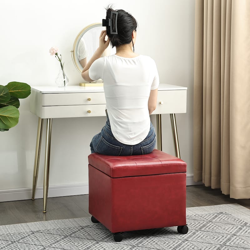 Adeco Bonded Leather Storage Ottoman Square Tufted Cube Footstool
