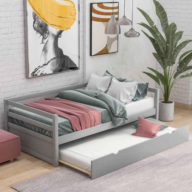Twin Size Gray Daybed with Trundle Frame Set, No Box Spring Needed - Gray