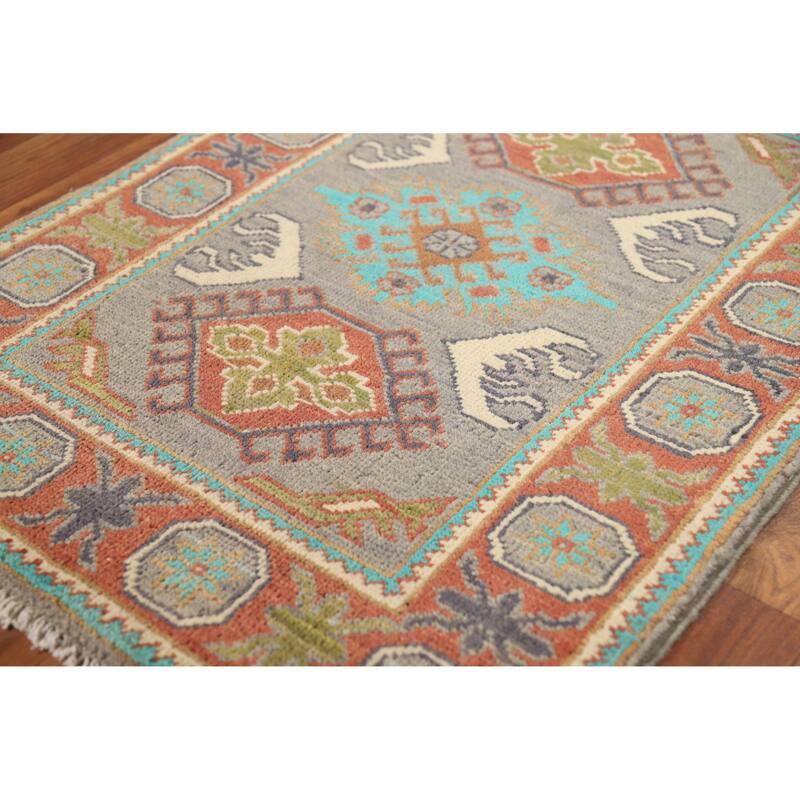 Gray Kazak Oriental Rug Hand-Knotted Traditional Wool Carpet - 2'0"x 3'0"