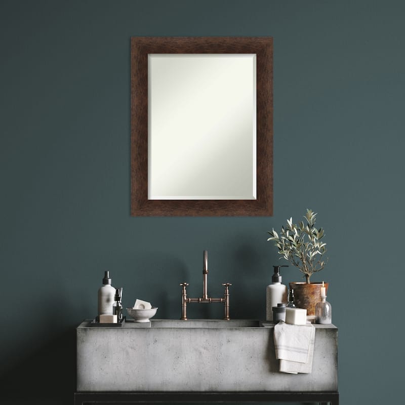 Warm Walnut Beveled Wood Framed Bathroom Vanity Wall Mirror - Warm Walnut