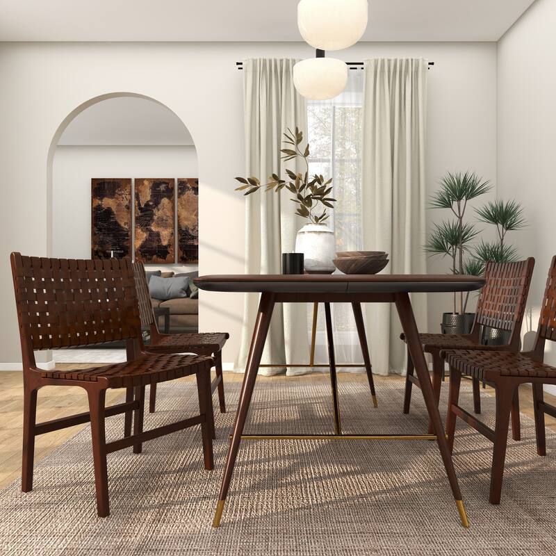 Brown, Black, White Leather Handmade Woven Kitchen Dining Chair with Teak Wood Frame