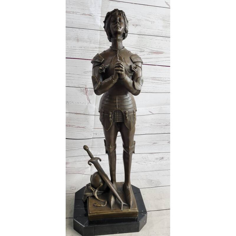 Saint Joan Of Arc Maid Of Orleans French Praying Bronze Sculpture Statue On Marble Base