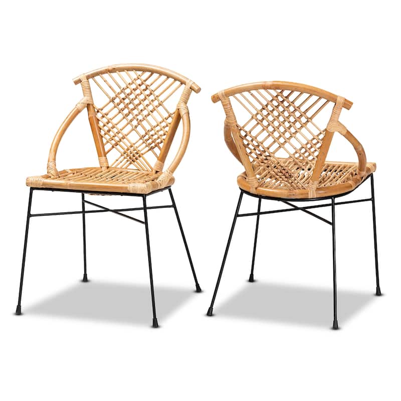 Pro Modern Bohemian Natural Rattan and Metal Dining Chair Set(2PC) - Natural Brown, Black