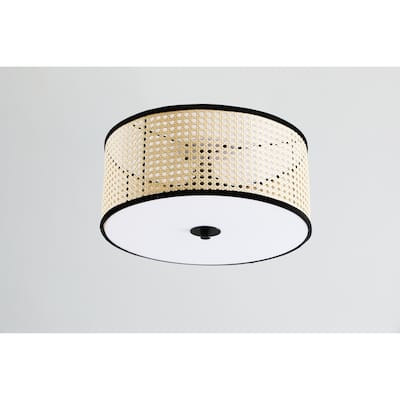 VidaLite Modern Bohemian 3 Light Flush Mount Fixture With PVC Rattan Shade and Velvet Stiched Rim