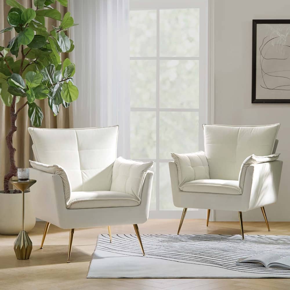 1ida Modern Velvet Tufted Accent Armchair with Gold Metal Legs Set of 2 by HULALA HOME