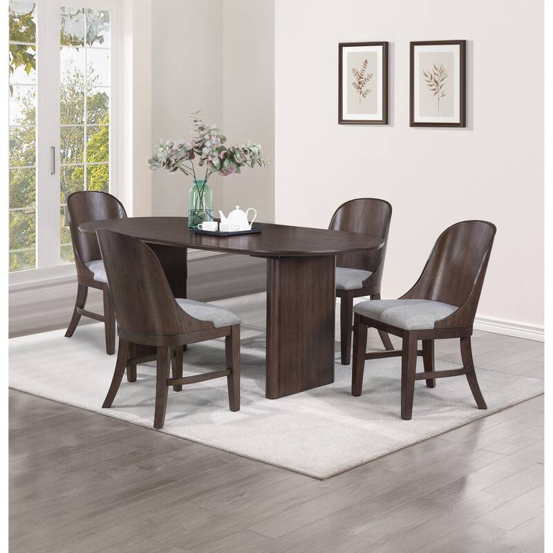 2pc Mid-Century Modern Upholstered Dining Chair Barrel Back Brown Walnut Finish Wooden Dining Room Furniture