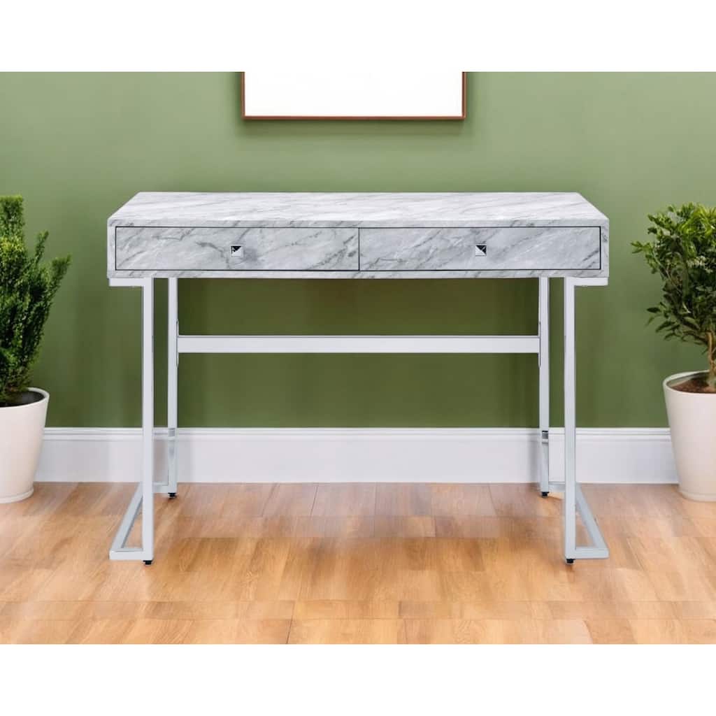 42" White Rectangular Writing Desk with Storage Drawers and Reversible Workstation for Home Office