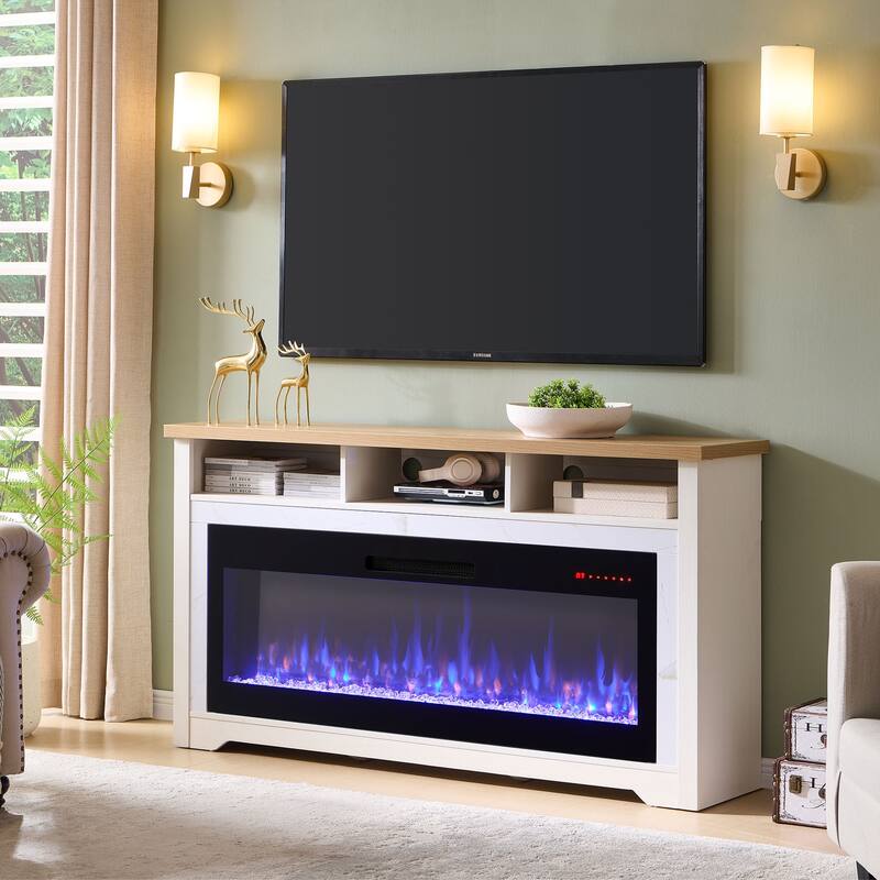 70 inch Fireplace TV Stand for TVs up to 70",with 60"smart Electric Fireplace,white - Cream White