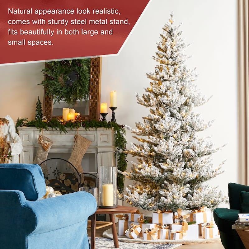 Glitzhome Snow Flocked Upward Slim Fir 7.5' or 9' Artificial Christmas Tree with LED Lights & Remote Control