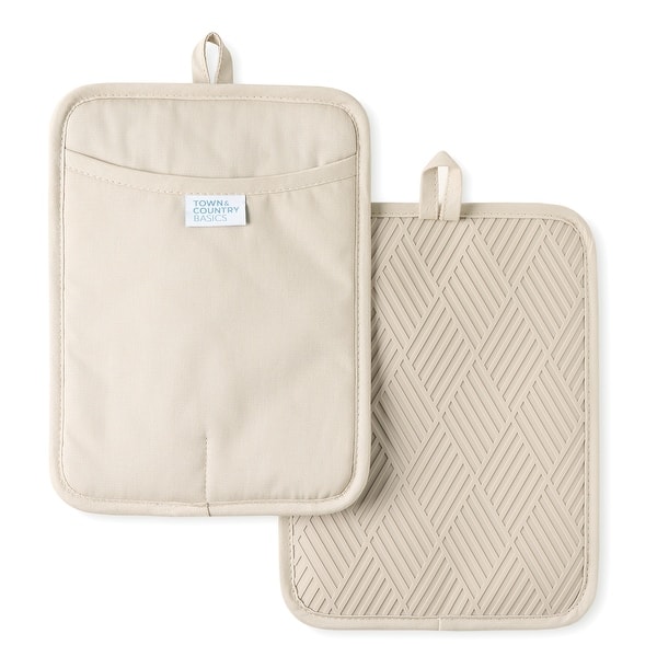 TOWN & COUNTRY BASICS Basketweave Soft Silicone Pot Holder 2-Pack Set, Heat Resistant, Flexible Silicone, Non-Slip Grip - Beige - 7.5X10