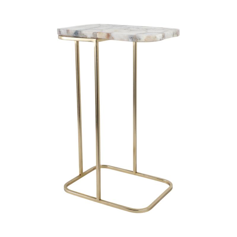 Modern Small Accent Table -Stone Top and Iron Base - 24", Gold & White - 24.0"