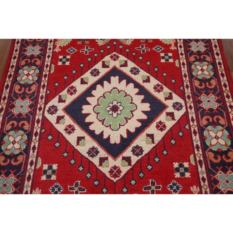 Geometric Red Kazak Oriental Foyer Rug Hand-Knotted Wool Carpet - 3'3" x 4'9"