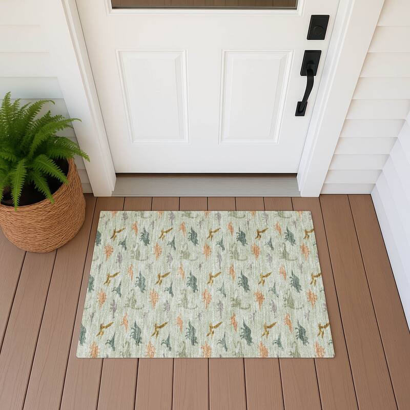 Machine Washable Indoor/ Outdoor Modern Dinosaur Chantille Rug - Celery - 1'8" x 2'6"