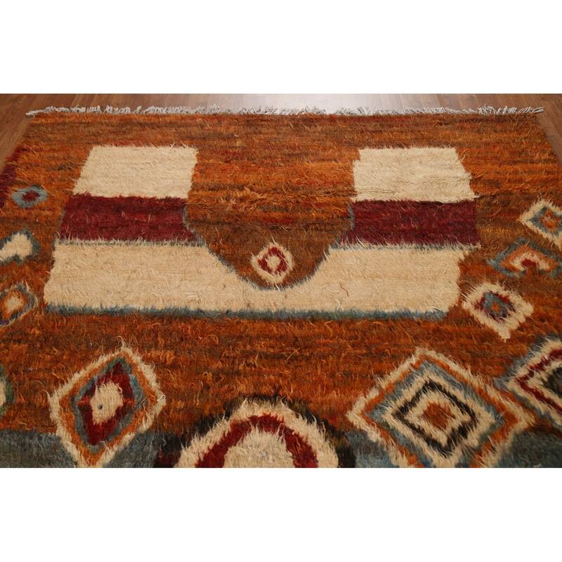 Hand Knotted Oriental 100% Wool Carpet Modern Tribal Oranges & Rust Moroccan Area Rug - 9' 11'' X 6' 8''