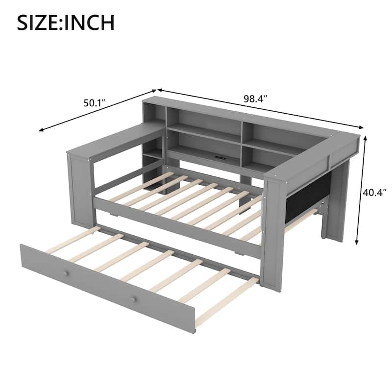 Daybed with Desk & Trundle Storage Bookcase Daybed with Socket and LED