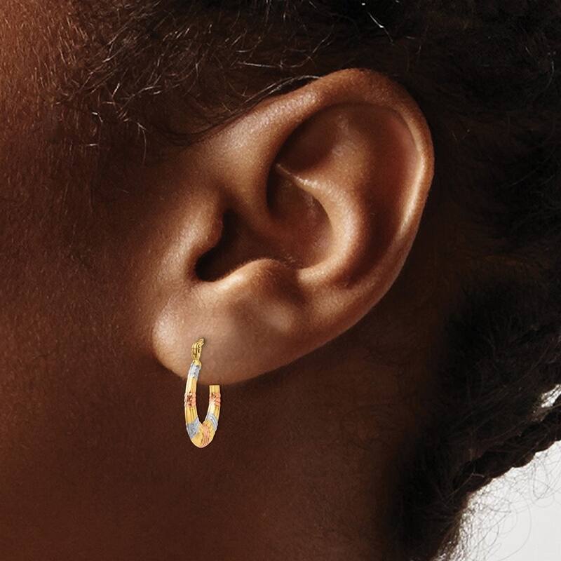 Curata 14k Yellow Gold 3x16mm White And Rose Rhodium Textured Hoop Earrings