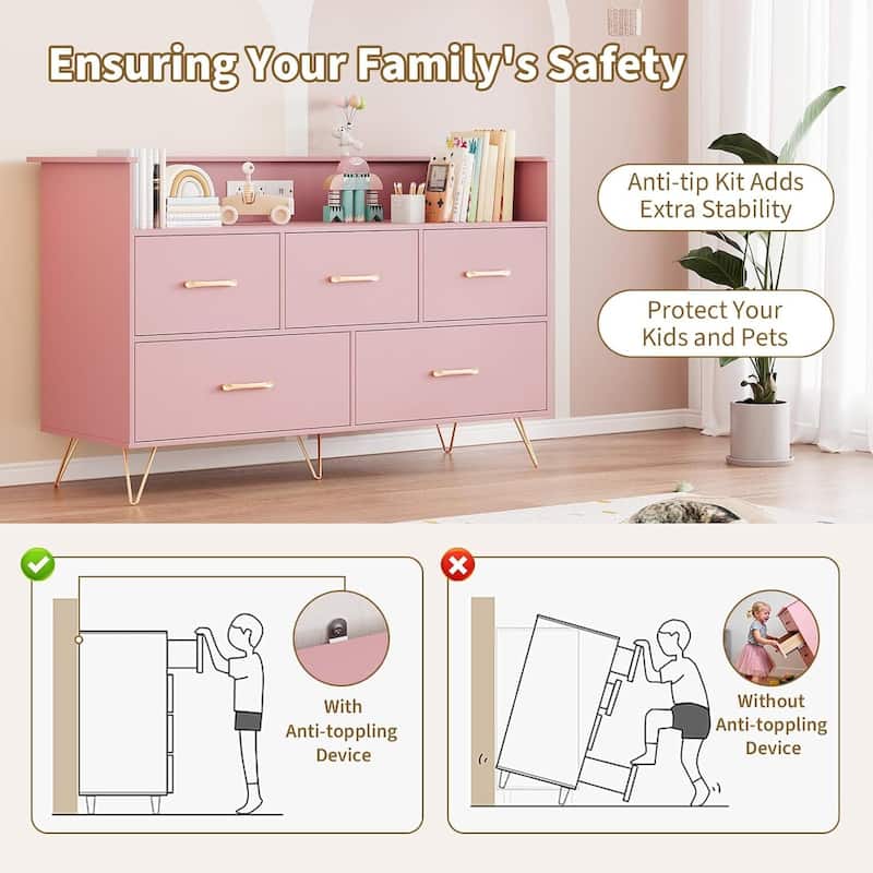 5 Drawer Dresser TV Stand for Bedroom with Charging Station & LED Lights