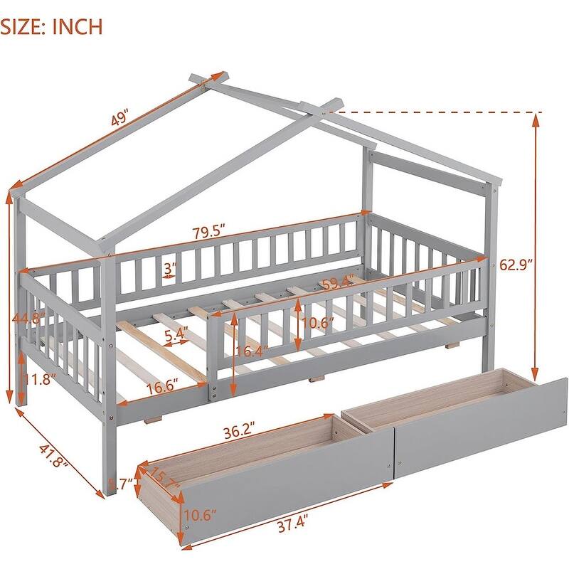 Twin House Bed with 2 Storage Drawers,Rails and Roof for Kids