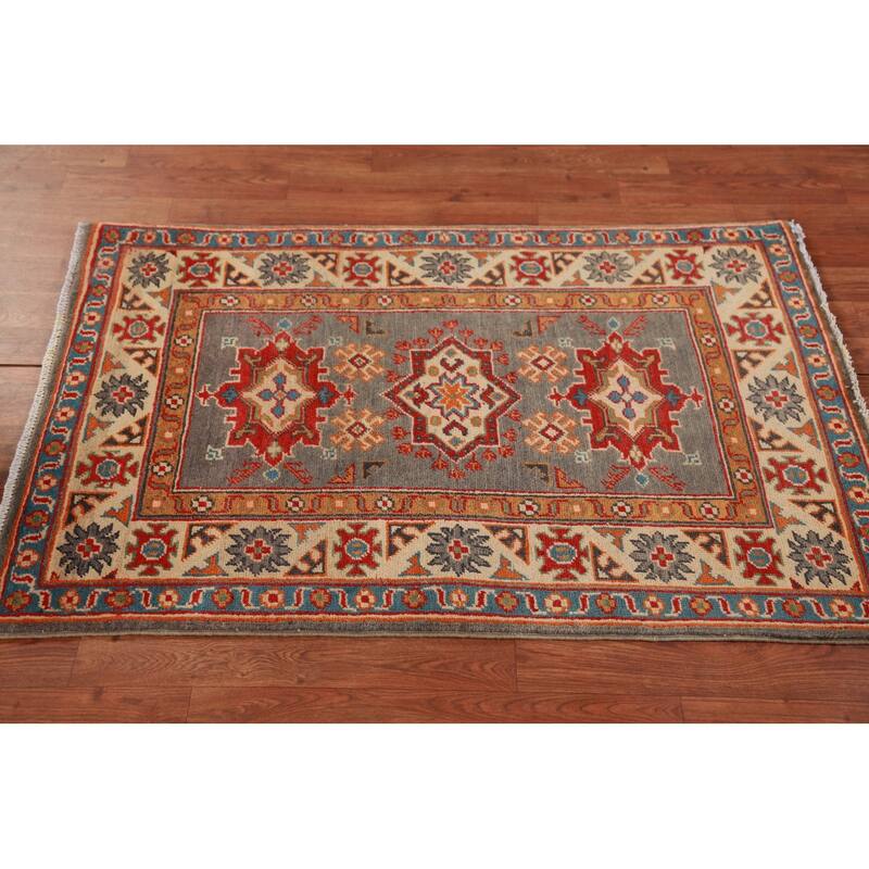 Geometric Grey Kazak Foyer Rug Hand-Knotted Oriental Wool Carpet - 2'8"x 4'0"