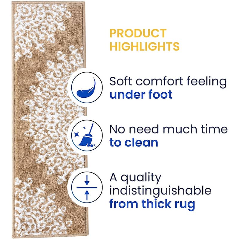 Beverly Rug Indoor Non Slip Carpet Stair Treads w/ Installed Tape 9"x28" Medallion Beige / Ivory