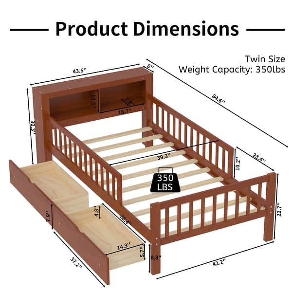 dimension image slide 3 of 4, Safe Kids Bed Platform Bed Twin Size Wood Bed Frame with Storage Headboard and 2 Drawers Under, 3-Side Guardrails for Boys Girls