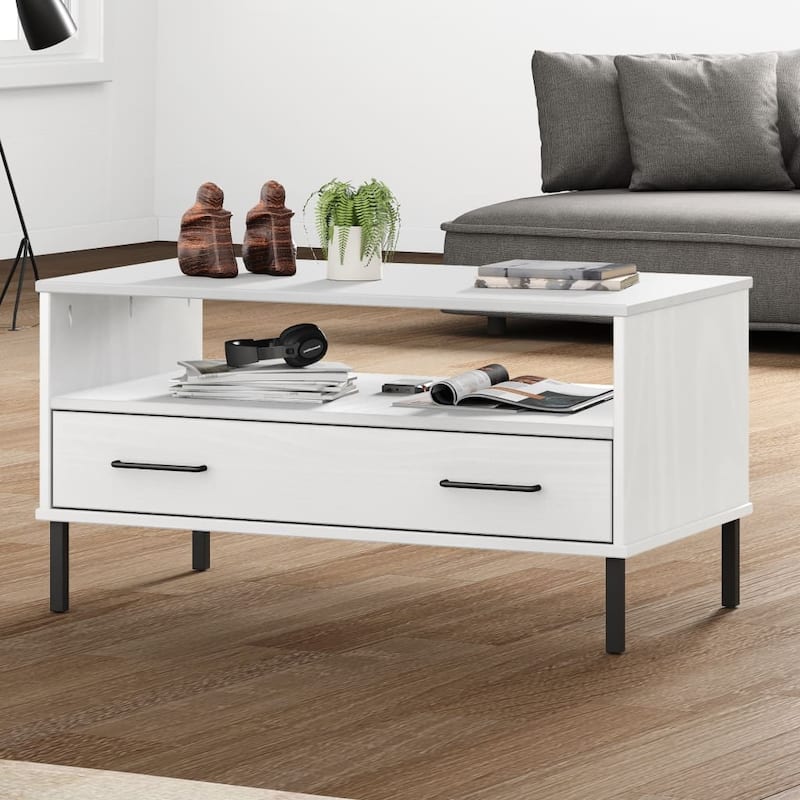 vidaXL Coffee Table Accent Side Sofa End Table with Metal Legs Solid Wood OSLO - 33.5" x 19.7" x 17.7" - White