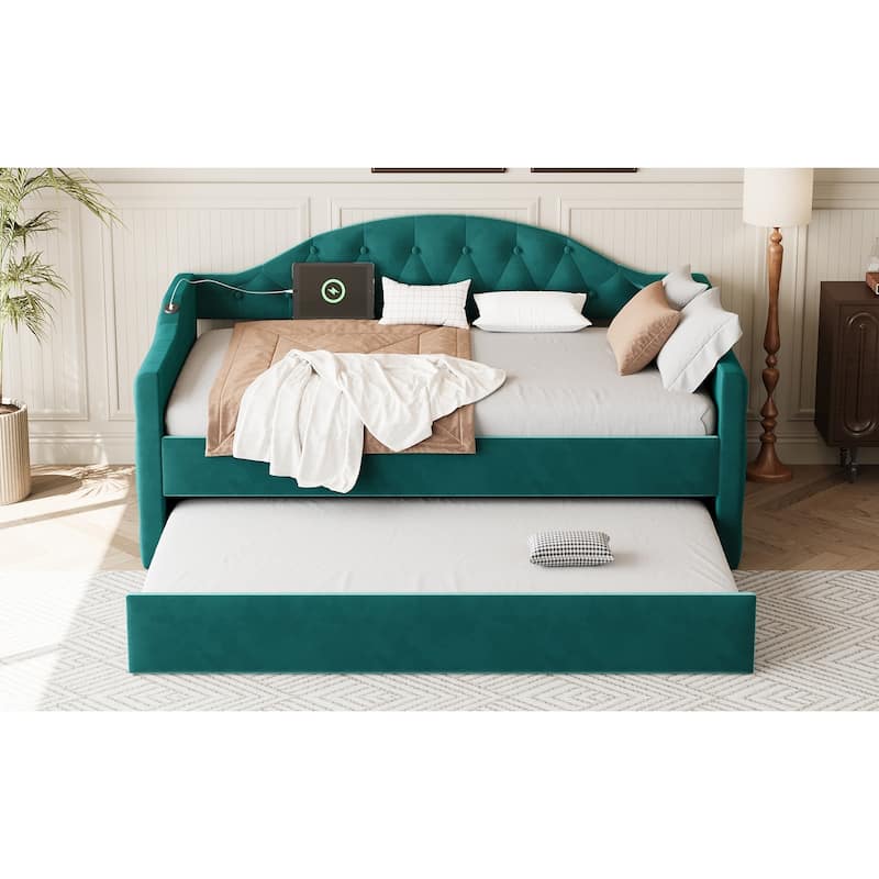 Tufted Upholstered Frame Daybed Velvet Sofa Bed with USB and Type-C Charging Ports, Twin Platform Low Profile Bed with Trundle