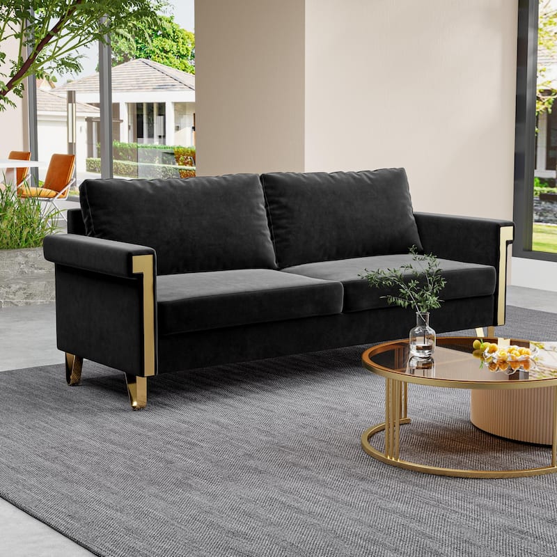Stylish 76.34" Velvet Sofa with Gold Metal Accents - Mid-Century Modern 2-Seat Couch for Small Living Spaces.