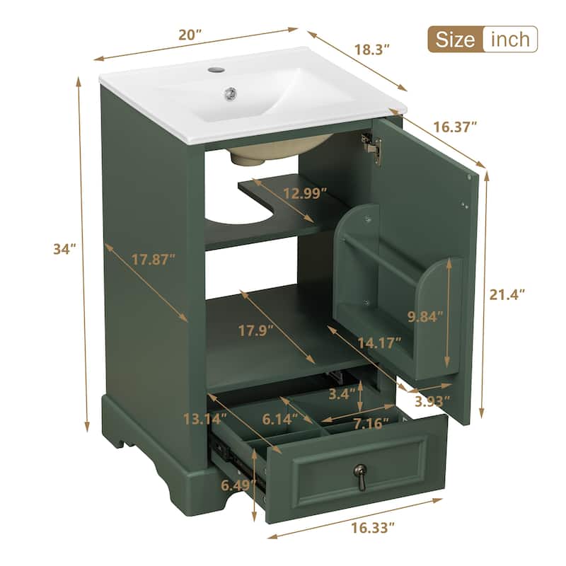 20" Bathroom Vanity with Ceramic Sink, Soft-Close Door, Drawer, Adjustable U-Shaped Shelf, Modern Freestanding Design