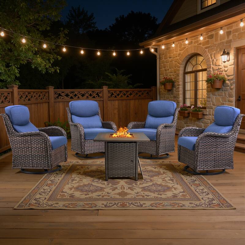 Meyreso 5-Piece Outdoor Patio Wicker Fire Pit 4 person Conversation Set with 5-Inch Thick Cushions - Navy Blue Cushions - Brown Wicker