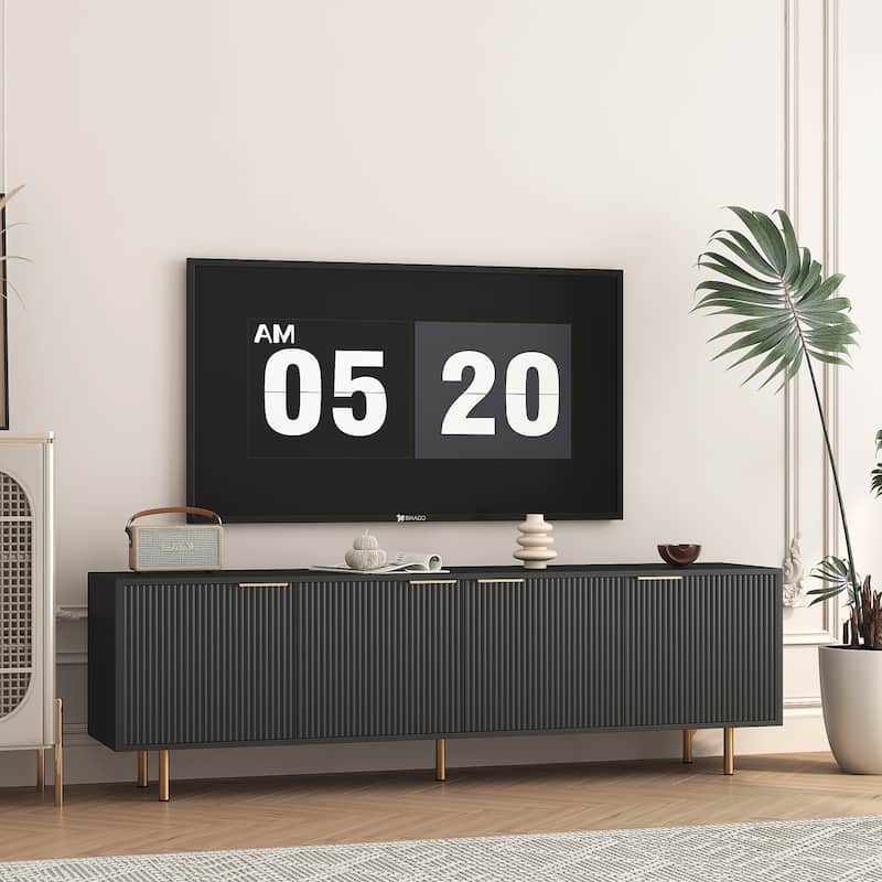 Fluted TV Stand with Storage Doors, Entertainment Center with Shelves, Console Table with Gold Legs and Metal Handles - Black