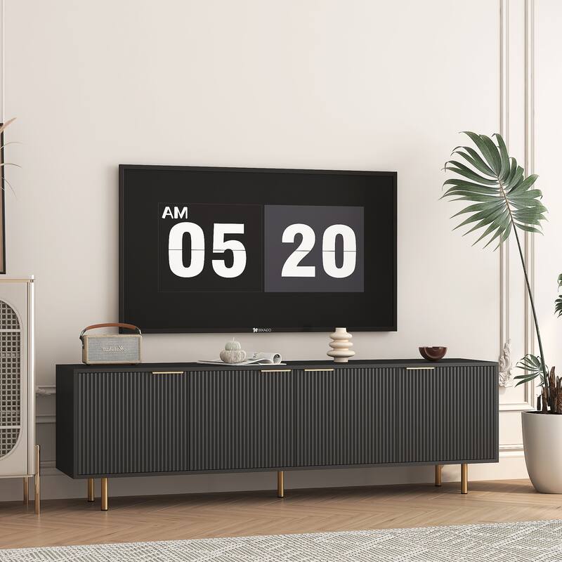 Modern Style Recessed TV Stand, Media Cabinet, for 55+ Inch TVs with 4 Cabinets, for Living Rooms, Black