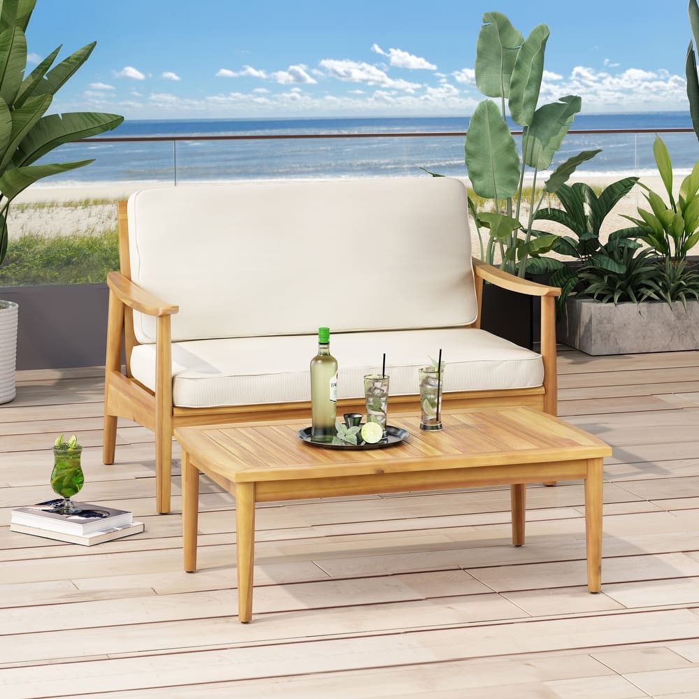 Roomfitters 2 Pcs Outdoor Patio Set with Loveseat and Coffee Table, Acacia Wood Frame and Cushions