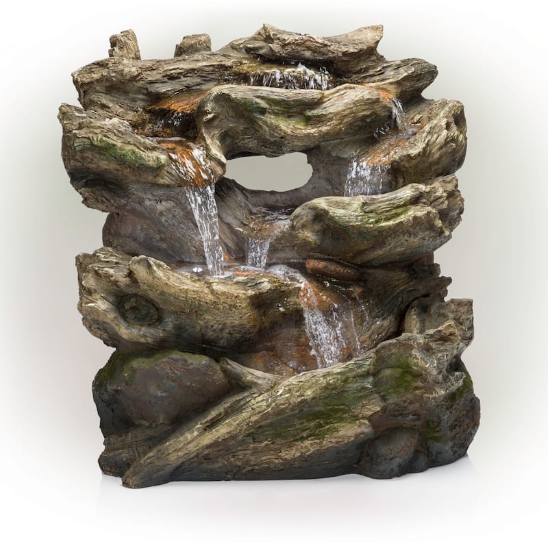Alpine Corporation WIN256 24" Outdoor 2 Tier Fallen Tree Trunk Water Fountain with LED Lights