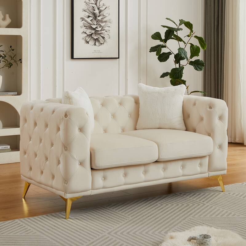 Velvet Chesterfield Loveseat Sofa, Tufted Button Upholstered 2 Seater Sofa, Lounge Sofa Chair with 2 Pillows & Metal Legs