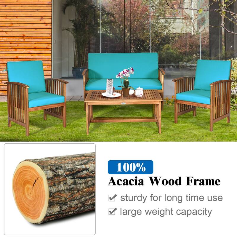 Costway 4PCS Patio Solid Wood Furniture Set Conversation Coffee Table - 4-Piece Sets