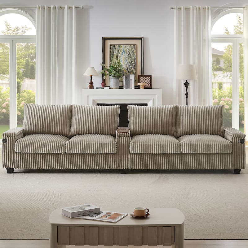 133" 4-Seater Corduroy Sofa - Modern Storage Couch with USB Ports, Flip-Top Cup Holders