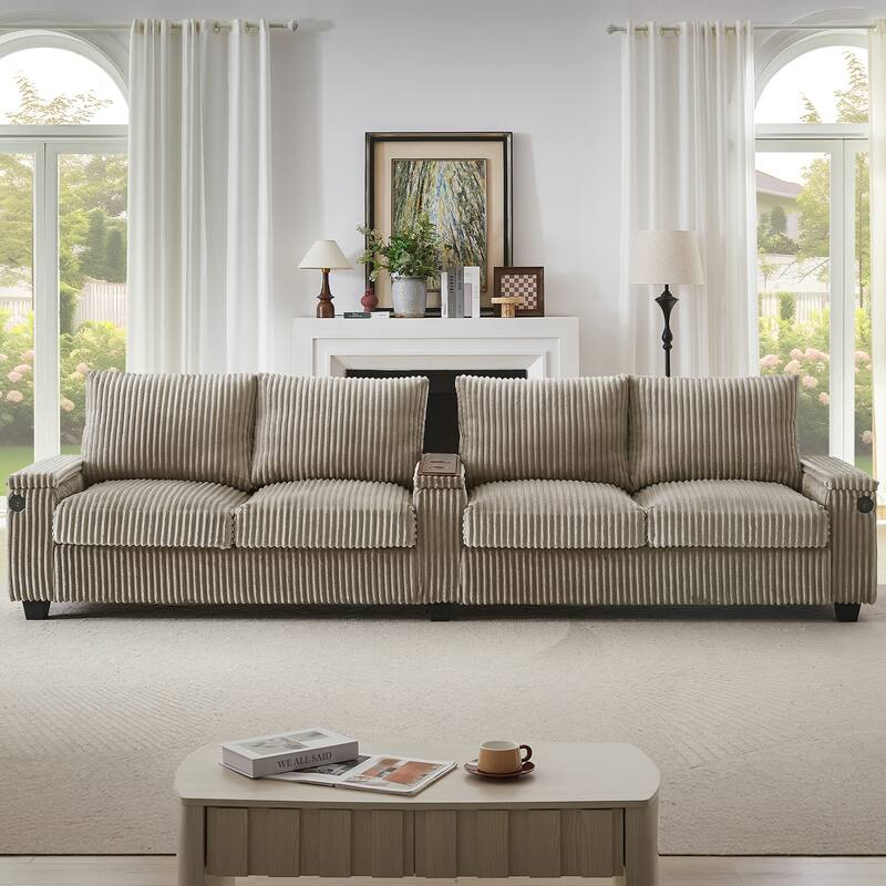 4-seater Brown Corduroy Sofa with Storage, Cup Holders, USB Ports, 133" Length