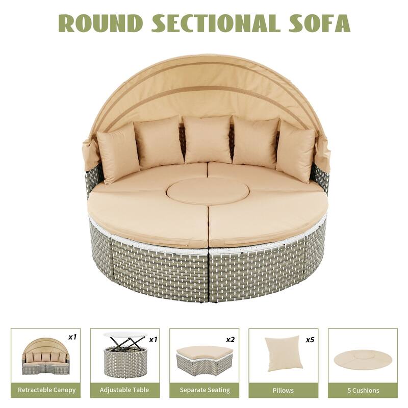 Round Outdoor Rattan Sectional Sofa with Adjustable Canopy & Cushions, PE Wicker Daybed with Coffee Table & Ottoman