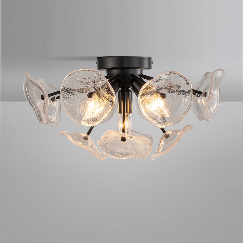 Starsky 5-Light Flush Mount Chandelier with Hand-Blown Flower Glass Shades, Art Deco/Mid-Century Style - Black