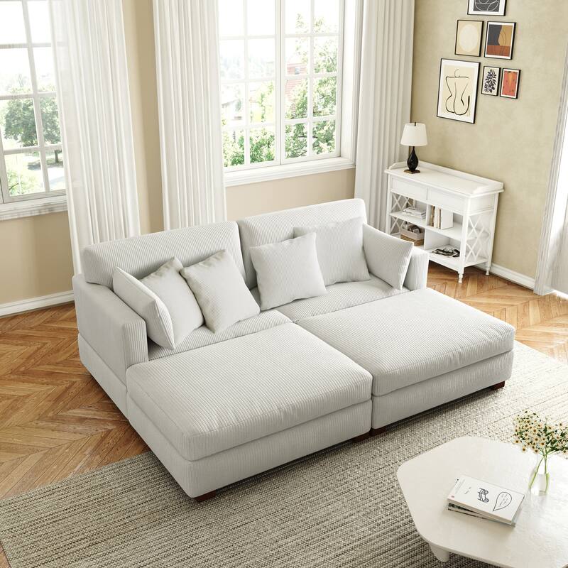 Corduroy Modular Sectional Sofa Deep Seat Corner Sofas & Ottomans - Beige-4Pillows